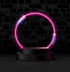 Double Podium with Pink Neon Round Frame on Black Background of Brick Wall. Square Banner for Black Friday Sale. Vector Illustration.