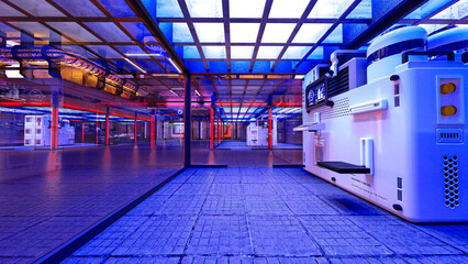 workstation of the cloning place in the cyberpunk age background in side cinematic view