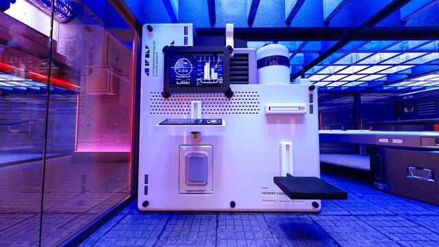 workstation of the cloning place in the cyberpunk age background in front cinematic view