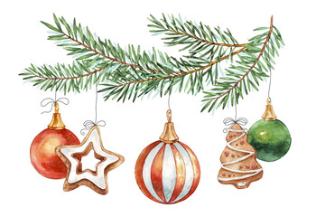 Watercolor Christmas card with Fir branches, christmas balls, gingerbread, christmas cookies. Vector illustration for greeting card and invitation. Winter holidays poster.