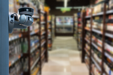 CCTV camera system security in shopping mall supermarket blur background.,Abstract background with Blurred people and shopping center.