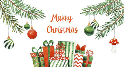 Watercolor Christmas card with Fir branches, christmas balls, presents and place for text. Vector illustration for greeting card and invitation. Winter holidays poster.