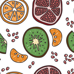 Fruit cut into pieces. Kiwi, pomegranate, tangerine. vector pattern