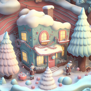 A soft blue house under the snow at CHristmas 2d illustration
