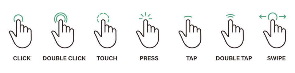 Hand Finger Touch, Swipe, Click, Press and Tap Line Icon Set. Double Click and Tap Sign. Gesture Slide Left and Right Outline Icon. Editable Stroke. Isolated Vector Illustration - obrazy, fototapety, plakaty