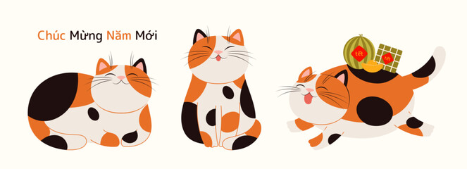 2023 Lunar New Year Tet cute cartoon cats collection, rice cakes, gold, Vietnamese text Happy New Year. Flat style vector illustration. Domestic animal, pet, isolated on white. Design element, clipart