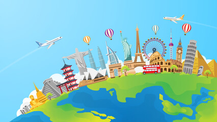 travel and tourism to the world background. famous landmarks on the globe. tourism road trip concept. journey in vacation. airplane and time banner. vector illustration modern flat design. © Yellow duck