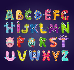 Obraz na płótnie Canvas Monster alphabet with capital letters on dark blue background. Colourful ABC of different cute monsters 