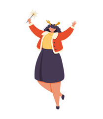 A cheerful woman in christmas clothes and a headband with deer horns on her head jumps.