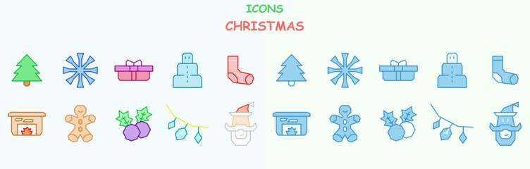 set of contour colored and blue christmas icons. perfect christmas browser icons. two styles of christmas icons.