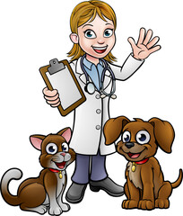 Cartoon Veterinarian Character with Cat and Dog