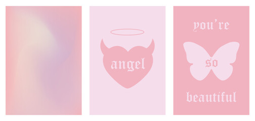set of y2k style posters, 1990s 2000s nostalgia, butterfly, heart, gradient background, trendy glamorous vector illustration