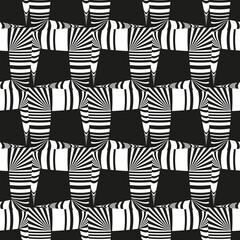 Seamless black and white geometric pattern. Striped abstract square shapes with visual distortion effect. Monochrome background for textile, cover, wallpaper, gift packaging, printing
