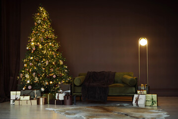 Dark luxury room with Christmas and New Year interior. decorations. comfortable sofa and lamp with gifts and christmas tree