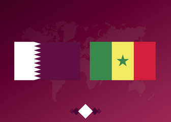 Football poster of the match between the teams of Qatar and Senegal. Background with world map.