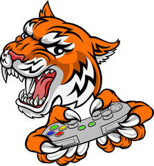 Tiger Gamer Video Game Controller Cartoon Mascot