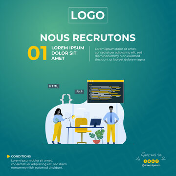 Template Recrutement. Concept d'embauche et de recrutement en ligne avec des une fille et un gar&ccedil;on. Entretien en agence. S&eacute;lectionnez un processus de reprise. Mod&egrave;le de page de destination