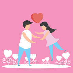 Joyful lovely couple jump to hug with love heart for valentine's day or love concept. Decoration for love design for valentine's day festival pink background. Vector illustration paper art love style.