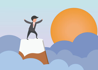 Businessman or Businessmen stand on top of mountain at sky , Step up the top to success, goal in life, and progress in the job concept business growth and the path to success vector illustration.