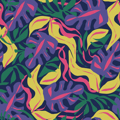 Tropical night forest seamless vector pattern. Floral illustration with exotic leaves, monstera, Jungle plants on dark
