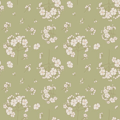 Romantic floral seamless pattern in gentle flowers. Handdrawn vector illustration, sage green background. Elegant print