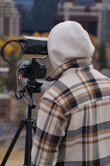brown plaid white male Caucasian photography outdoor fall shoot city life street style camera man...