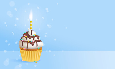 Realistic birthday cupcake with sprinkles and one birthday cake candle on a blue background with bokeh effect with copy space on the side. 3d vector illustration