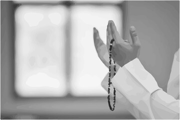 A Muslim Man Praying | Tasbih around Hand | Black and White Photo