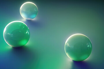 Abstraction for advertising. Green glass transparent balls on a green background. 3d rendering illustration.