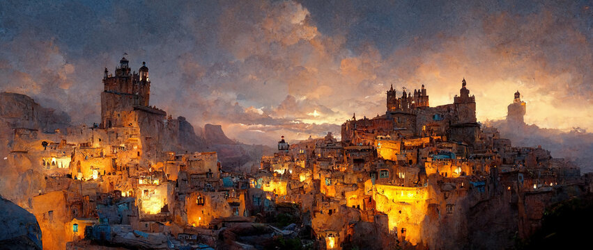 Beautiful Desert Victorian With Cathedral On Mountains And Beautiful Twilight Sky, Concept Artwork. Dystopia Futuristic City Landscape, Strong Color.