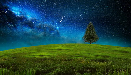 Obraz na płótnie Canvas wild field at night starry sky and big moon light nebula summer nature landscape