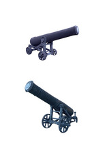 two ancient iron cannons on wheels isolated on white background