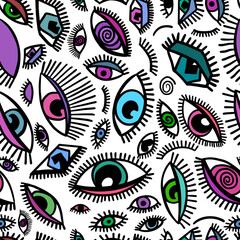 Seamless background of people's eyes. Vector illustration Abstract witch look. Printing on fabric. Hand-drawn all-seeing divine eye.