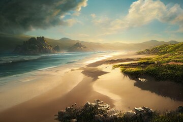 Fantasy coastal beach illustration.