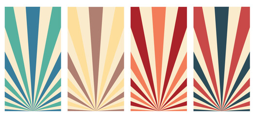 Set of retro inspired vertical posters. Different sunburst background templates. Vector illustration