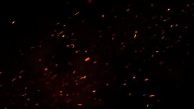 4k Flying Embers and Sparks from a Fire. Fiery Orange Bonfire Particles Over Black Background.