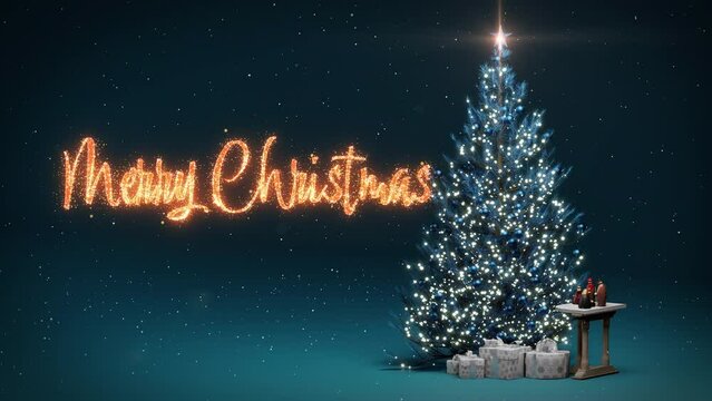 Spinning Christmas tree with lights presents and nativity scene with bright Merry Christmas text on snow blue background 4k