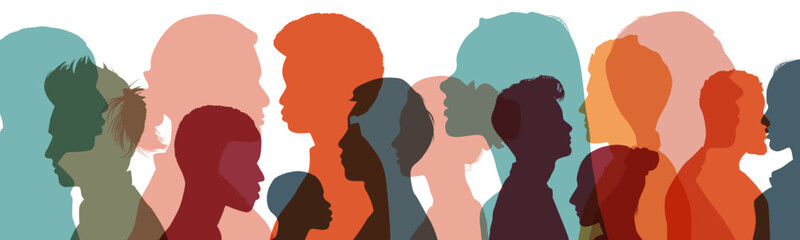 Heads faces colored silhouettes multicultural and multiethnic diversity male and female in profile
