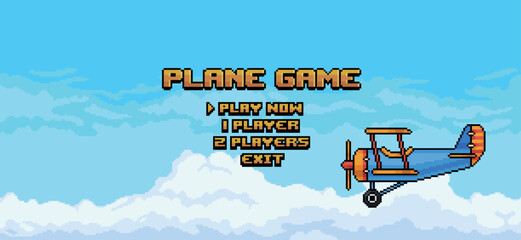 Pixel art plane game home menu blue sky with clouds background vector for 8 bit game © Kaleb