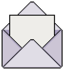 Obraz premium Pixel art open envelope with blank paper, open email vector icon for 8bit game on white background 