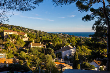 Fototapeta na wymiar Paysage sur la ville avec la mer comme horizon depuis la Montée des Pierres Blanches à Sète