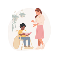 Support from specialized professional isolated cartoon vector illustration. Woman talks to child sitting in wheelchair, education specialist support, private special school vector cartoon.