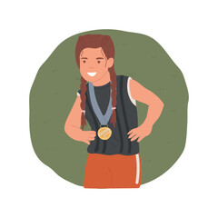 Winning a golden medal isolated cartoon vector illustration. Proud student in sport outfit, golden medal hanging on kids neck, competition winner, pedestal of honor, win prize vector cartoon.