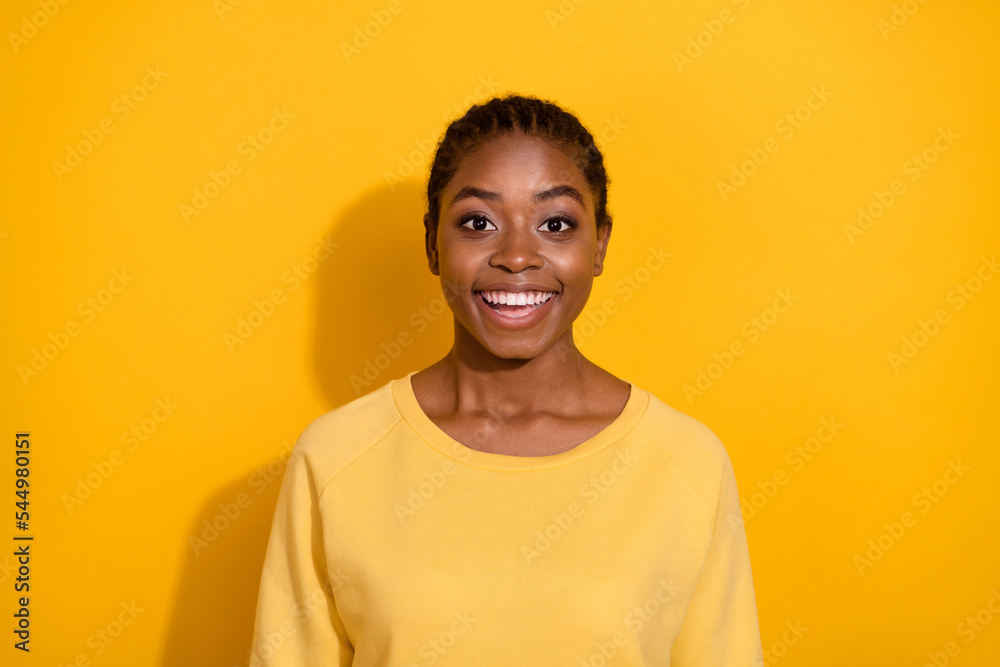 Wall mural Portrait of attractive cheerful amazed sincere friendly girl good mood laughing isolated over bright yellow color background - Wall murals