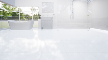 3d rendering of white tile floor with texture, pattern. Modern interior design of bathroom, shower room in perspective. Empty space, bright, shiny surface and clean for product display background.
