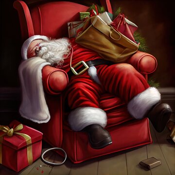 Santa fell sleep in a chair with a bag of gifts on Christmas night