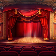 Empty theater stage with red curtains, open opera show