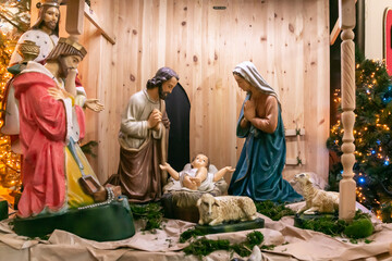 Nativity of Christ. Christmas Nativity scene with The Holy Child, The Blessed Virgin Mary, Saint...
