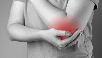 Elbow pain, injury. Cubital trauma, fracture, hurt. Arm joint disease, inflammation, sprain