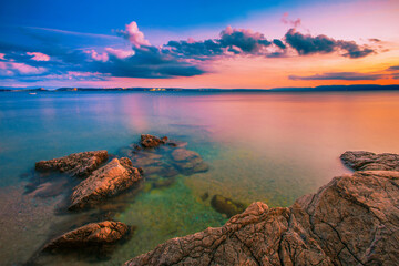 Croatia, Europe, Istria, pebble Kostrena beach near Rijeka and Lovran resort... exclusive - this image is sold only on adobe stock	 - obrazy, fototapety, plakaty